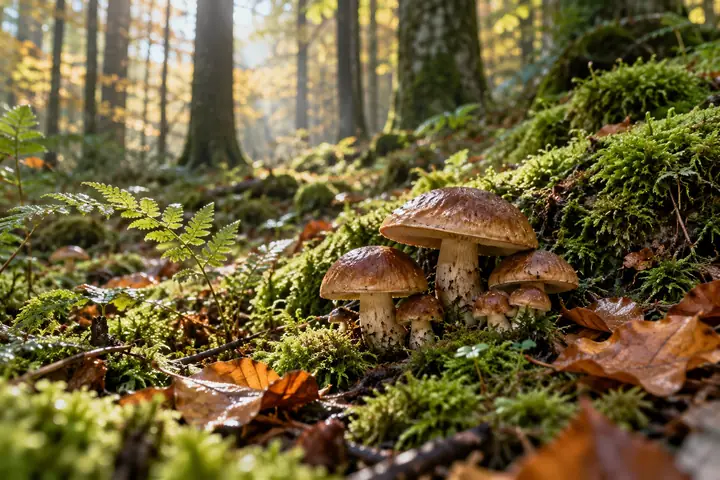 Pilze zwischen Moos und Farn